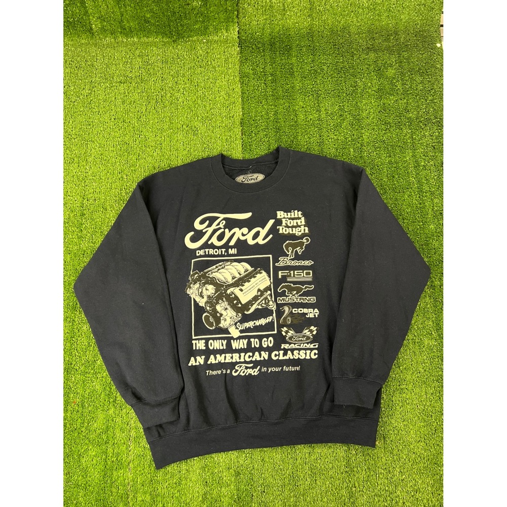 Ford Detroit MI Racing Sweatshirt Mens L Blue Bronco F-150 Mustang Cobra Jet